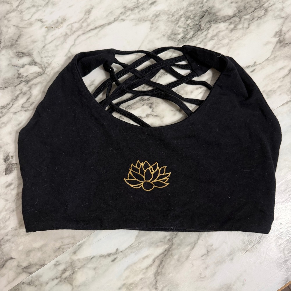 Lotus Flower Strappy Cage Back Yoga Sports Bra Black Gold Medium